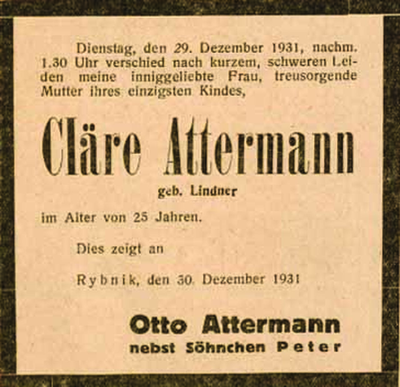 Nekrolog informujący o śmierci Klary Atterman (Katholische Volkszeitung)