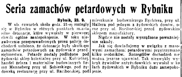 informacja z Polski Zachodniej z 24.09.1938 r. o serii zamachów w Rybniku