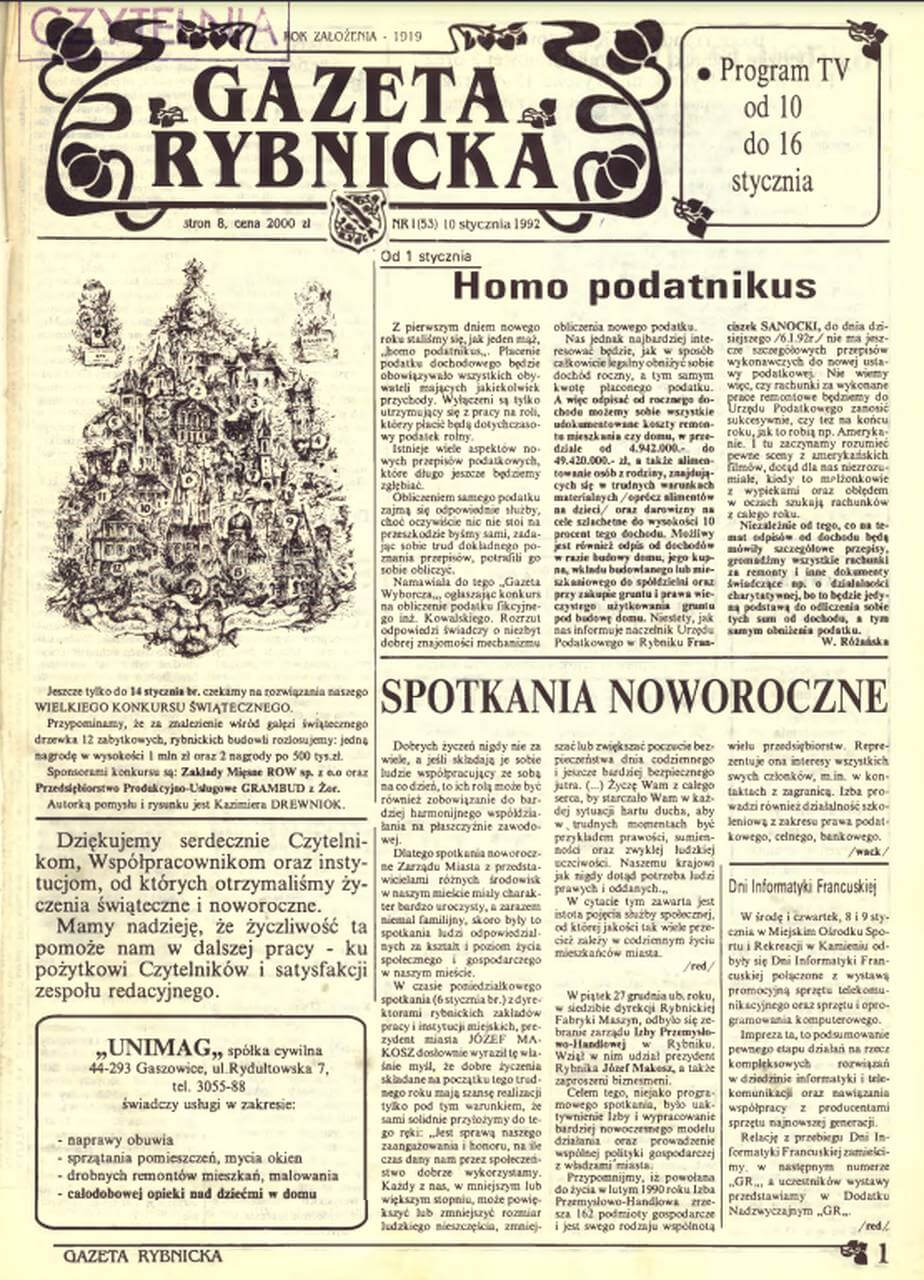 Archiwalne wydania Gazety Rybnickiej: 1992 rok