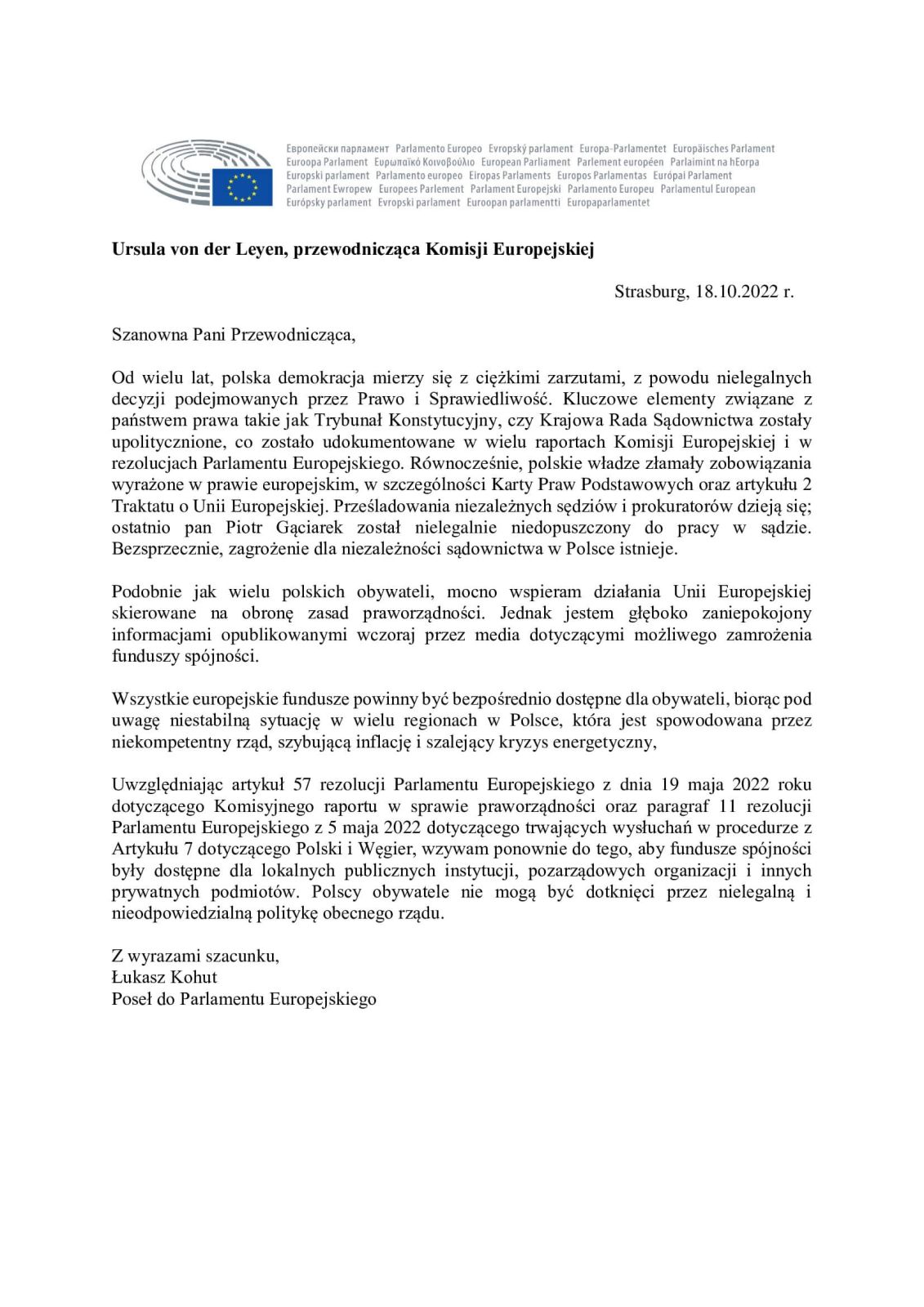 List do przewodniczącej Komisji Europejskiej Ursuli von der Leyen. arc. Łukasz Kohut