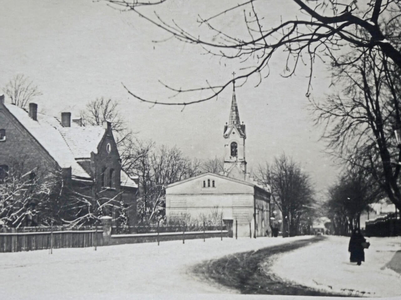 Obecna ul. Miejska, kościół ewangelicki i probostwo ewangelickie przed przebudową